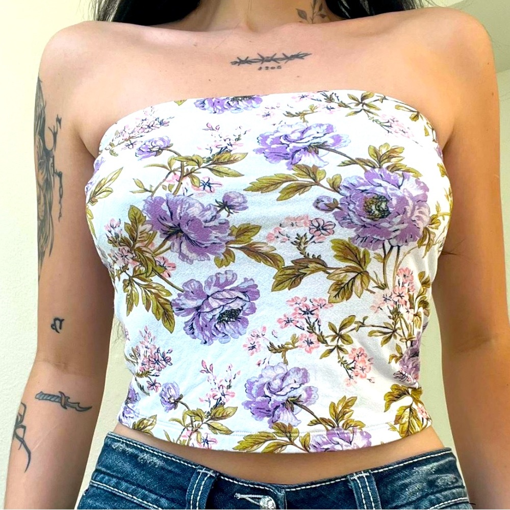 American Eagle Outfitters White Purple Floral Strapless Tube Top